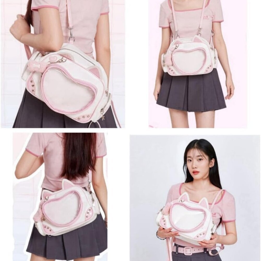 Kawaii Cat Ita Bag Crossbody Backpack Anime Pin Display Soft PU Pink - Picture 2 of 6